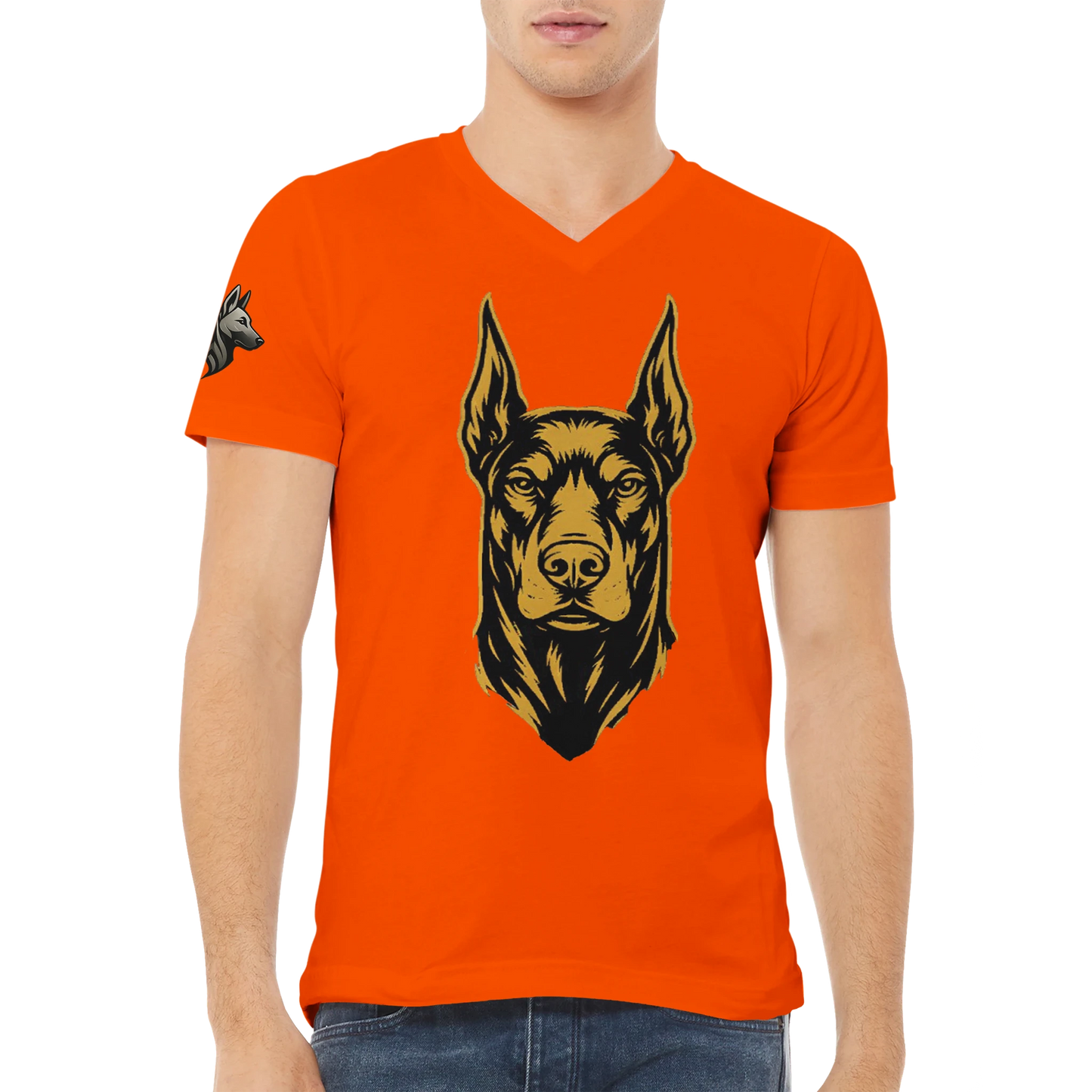 T-shirt adulte unisexe premium col en V orange tête Dobermann noire/dorée