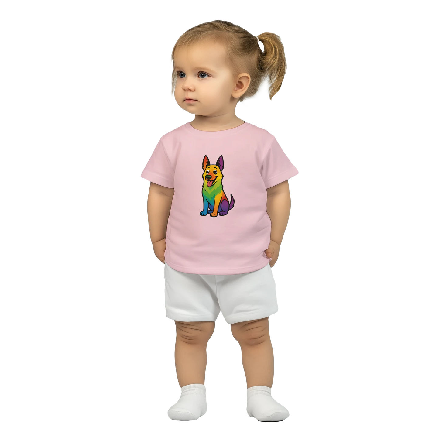 T-shirt bébé rose coton manches courtes Malinois arc en ciel