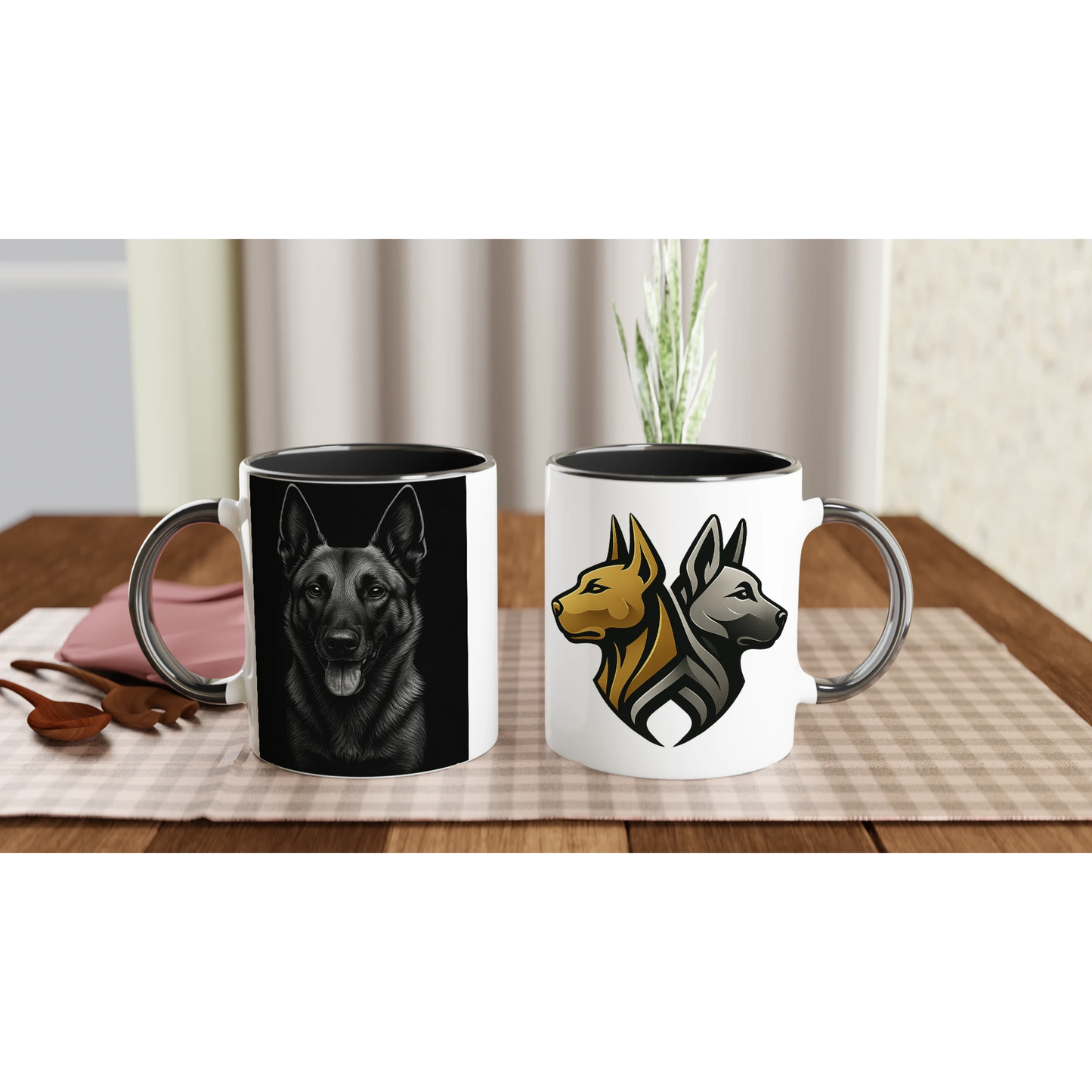 Mug céramique blanche 325 ml (11 oz) intérieur coloré noir-tête Malinois fond noir