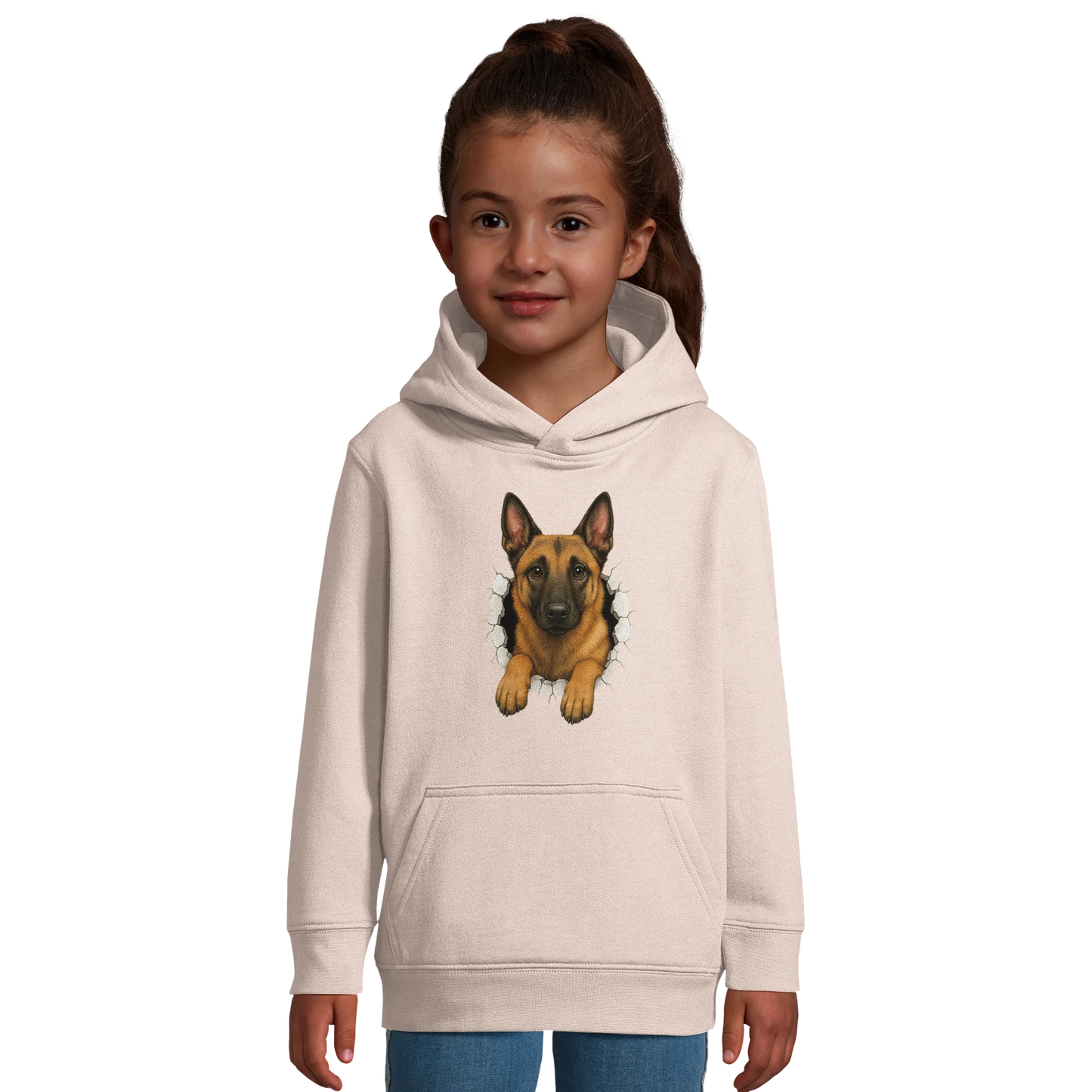Sweat-shirt enfant à capuche rose Malinois trou mur