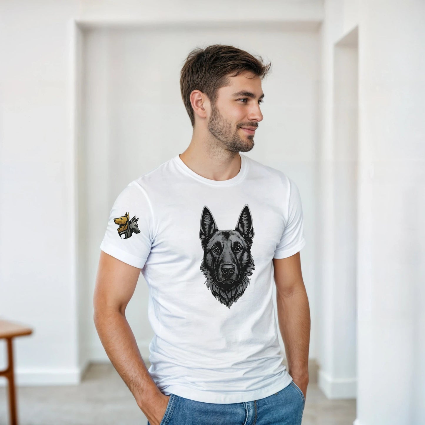 T-shirt adulte unisexe épais ras du cou blanc tête Malinois argentée