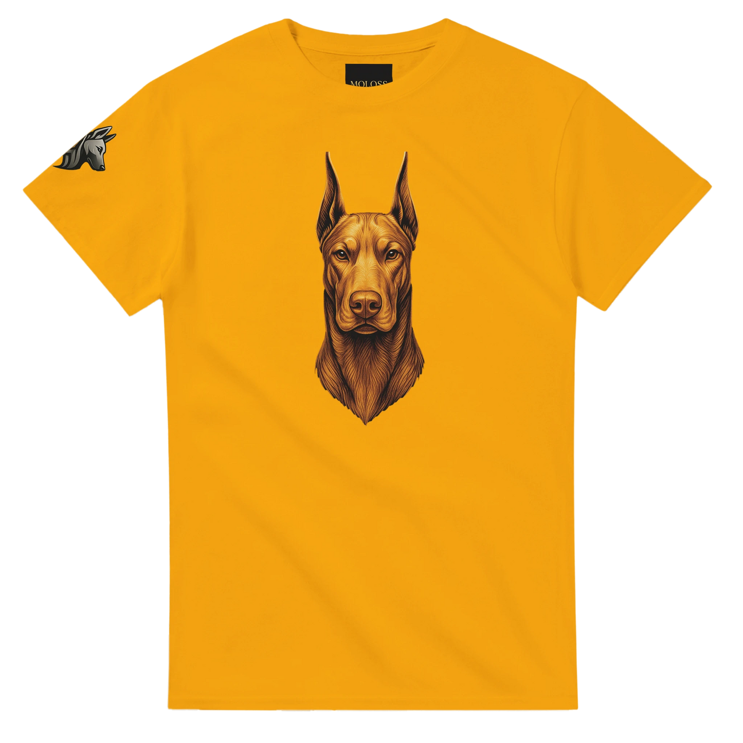 T-shirt adulte unisexe épais ras du cou jaune tête face Dobermann dorée