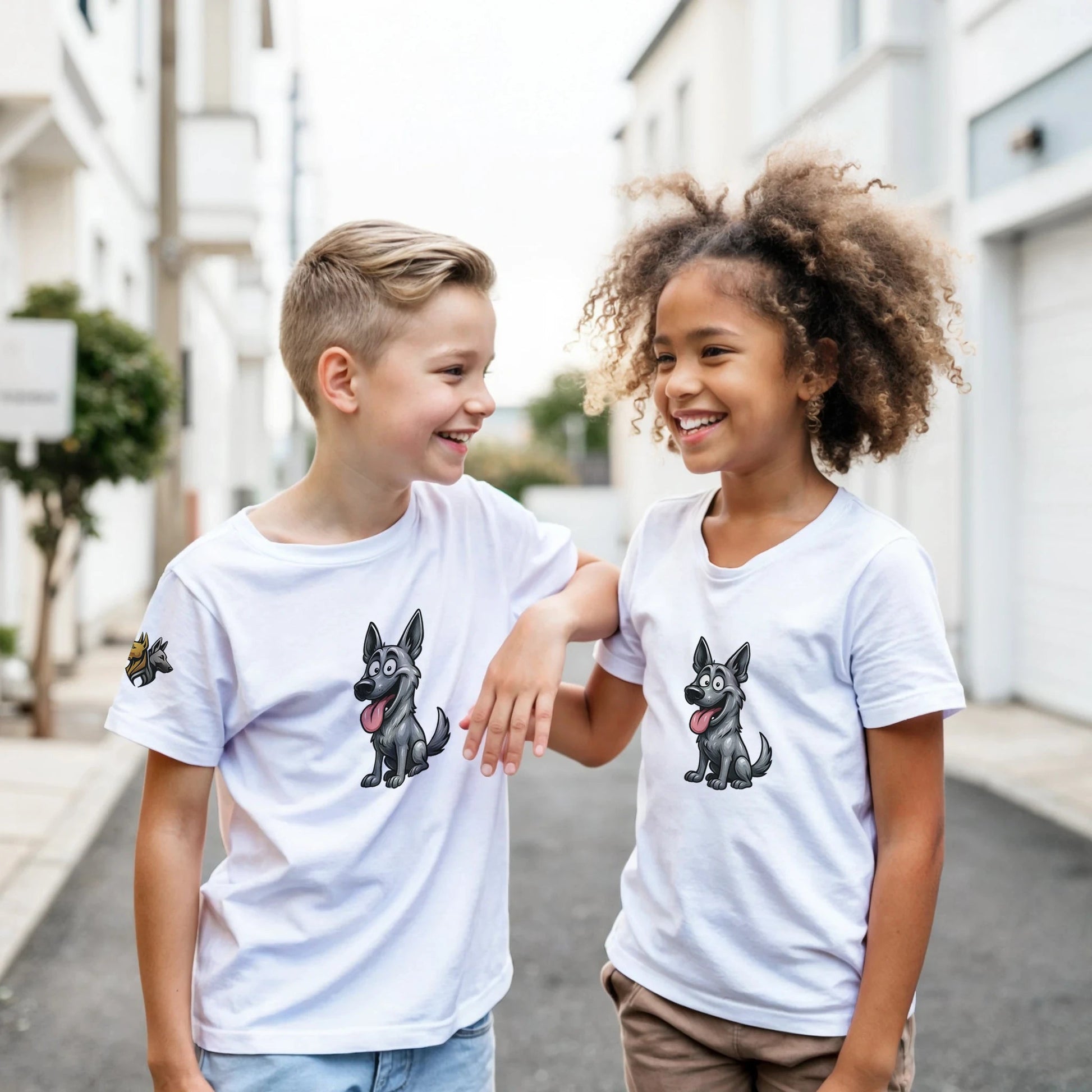 Marque MolossDesign | T-shirt enfant classique ras du cou Malinois humour1 avec logo sur manche droite MolossDesign