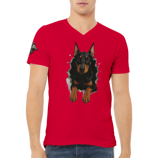 T-shirt adulte unisexe premium col en V rouge-Dobermann trou mur