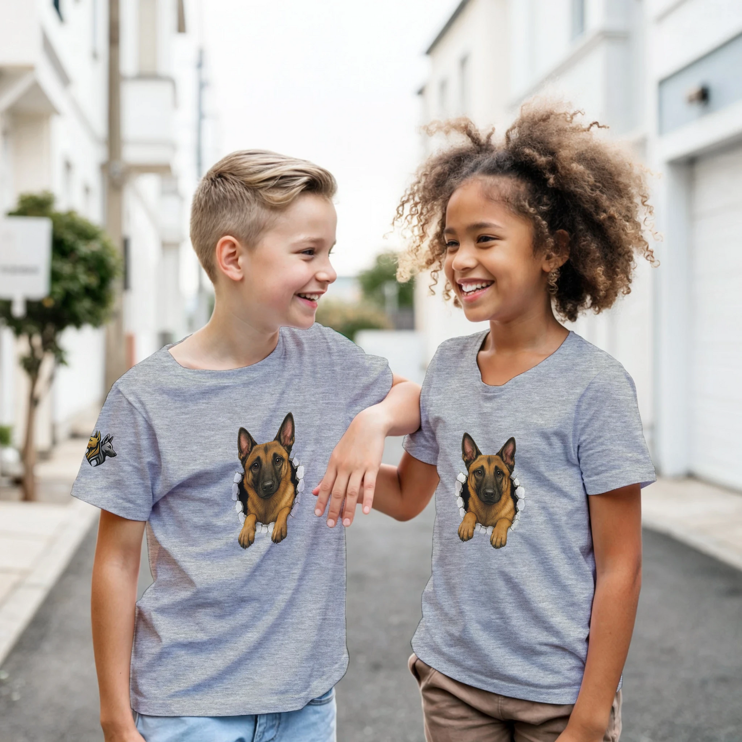 T-shirt enfant classique gris Malinois trou mur