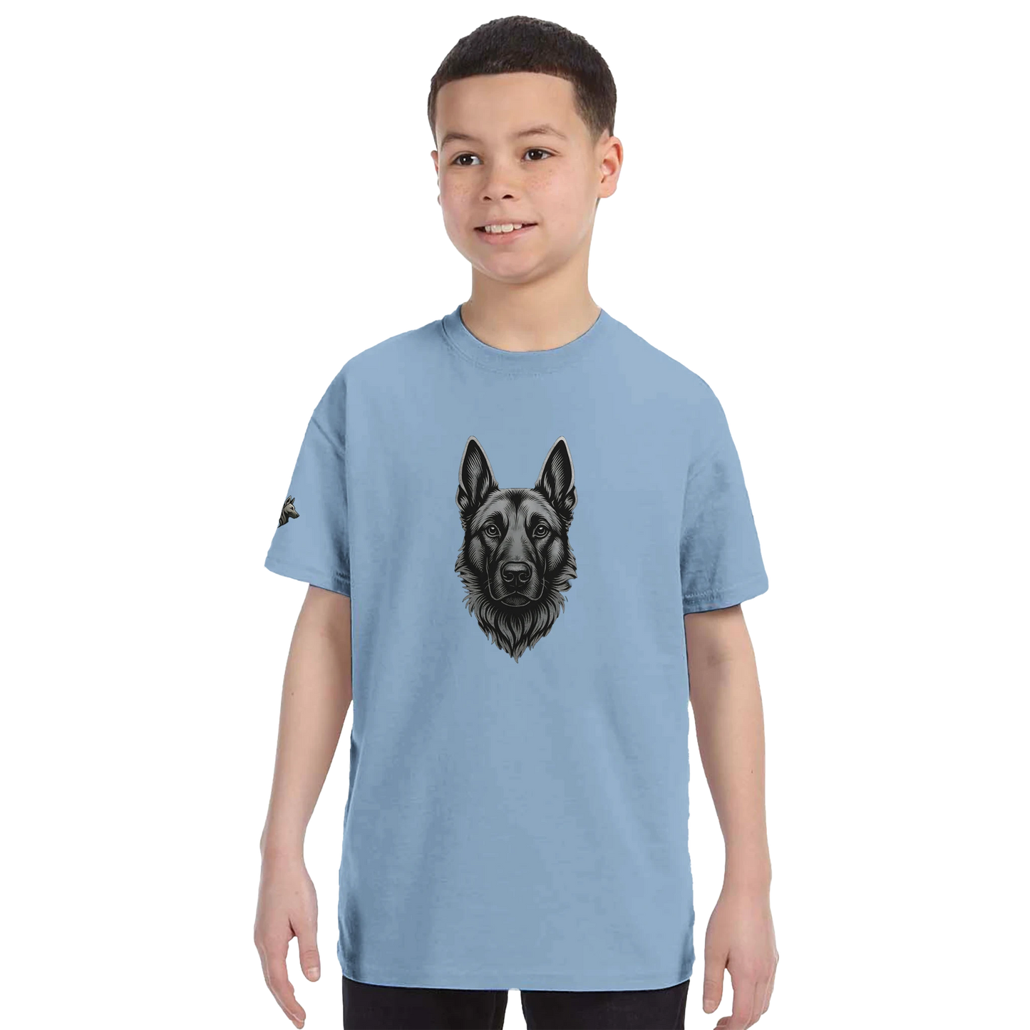 T-shirt enfant classique ras du cou tête Malinois argentée avec logo sur la manche droite MolossDesign