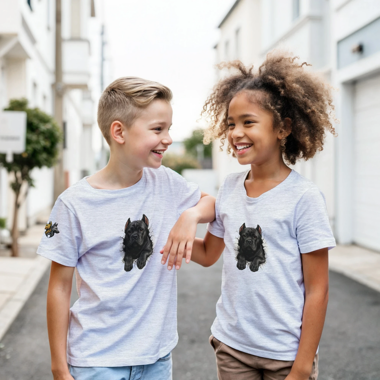 T-shirt enfant gris Cane Corso trou mur