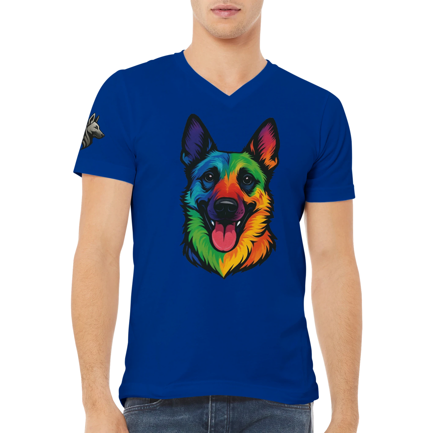 T-shirt adulte unisexe premium col en V bleu tête Malinois arc en ciel