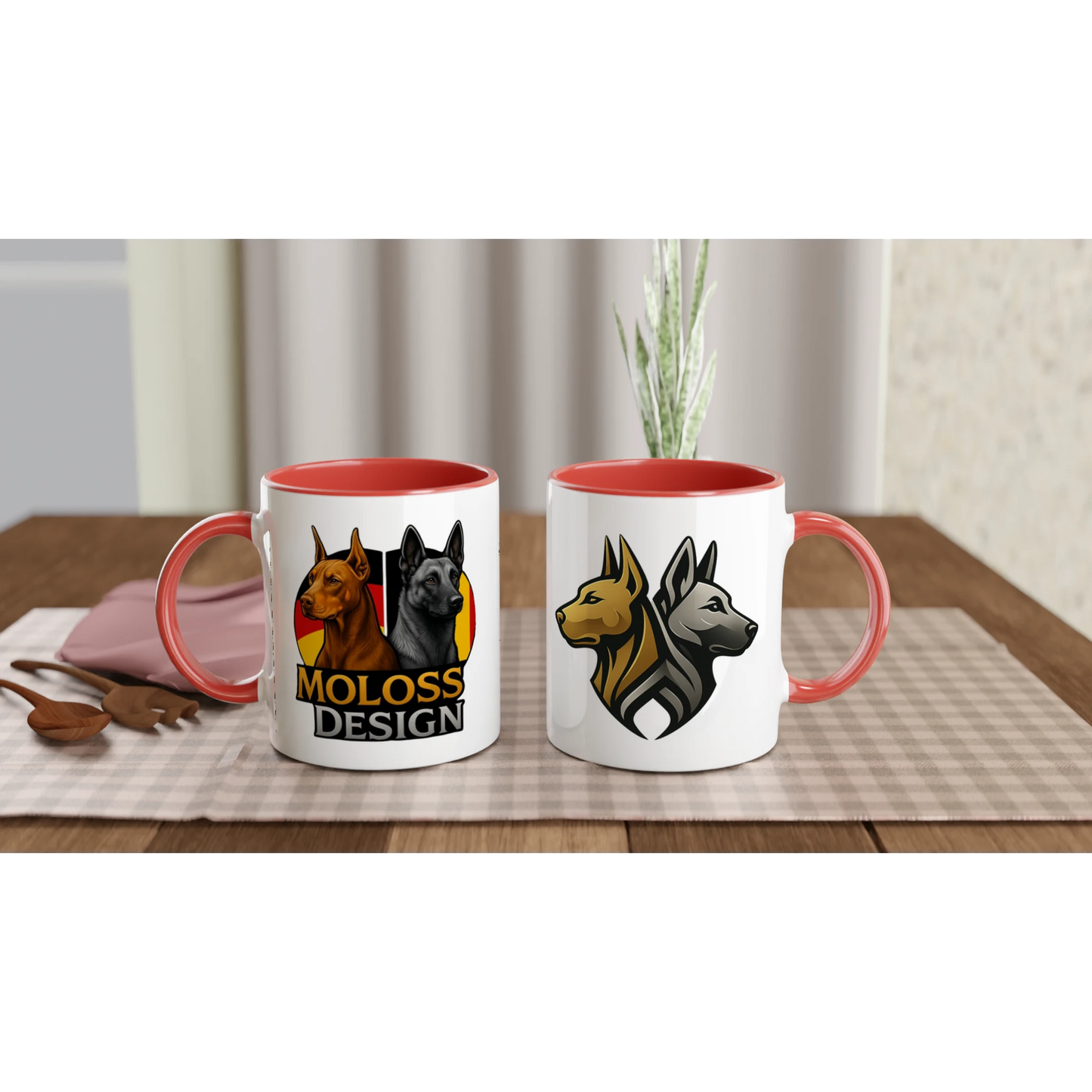 Mug céramique blanche 325 ml (11 oz) intérieur coloré rouge-Dobermann et Malinois avec drapeaux