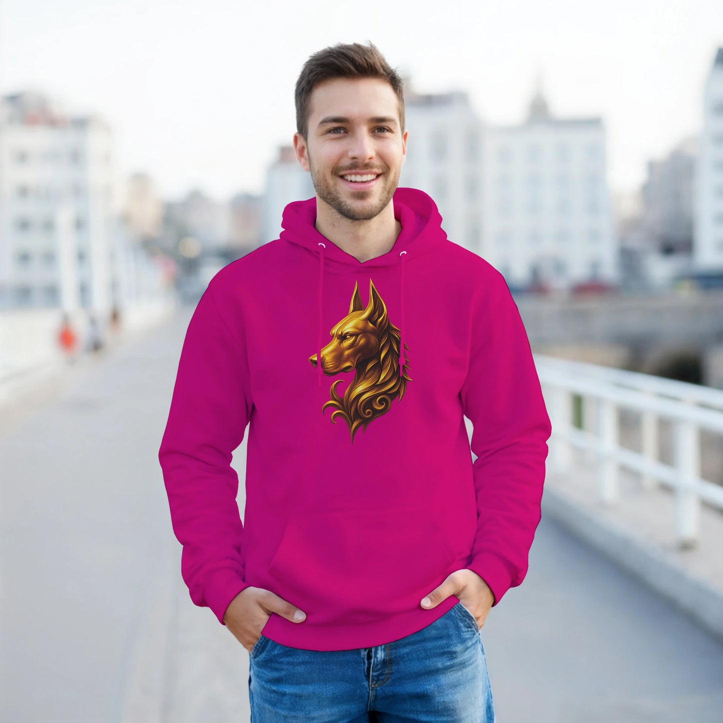 Sweat à capuche adulte unisexe classique fuchsia tête majestueuse Dobermann