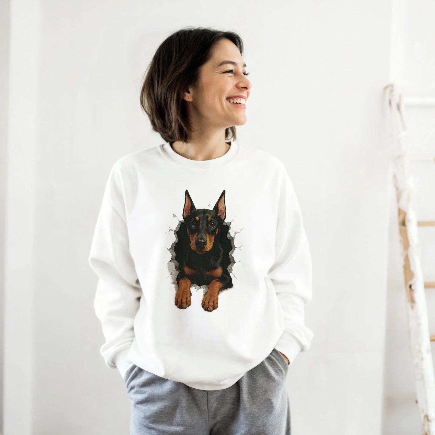 Sweat-shirt adulte unisexe classique ras du cou blanc Dobermann trou mur