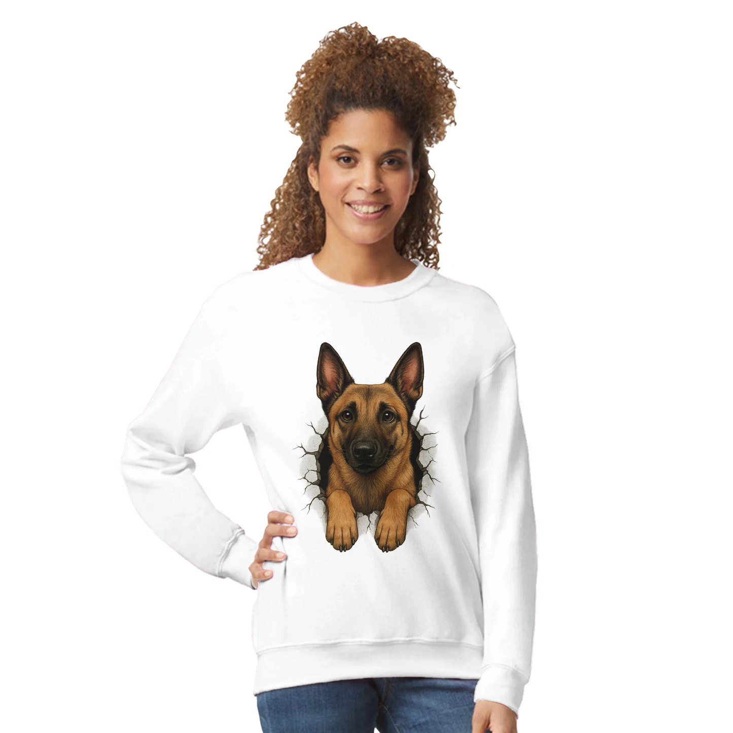 Sweat-shirt adulte unisexe classique ras du cou blanc Malinois trou mur