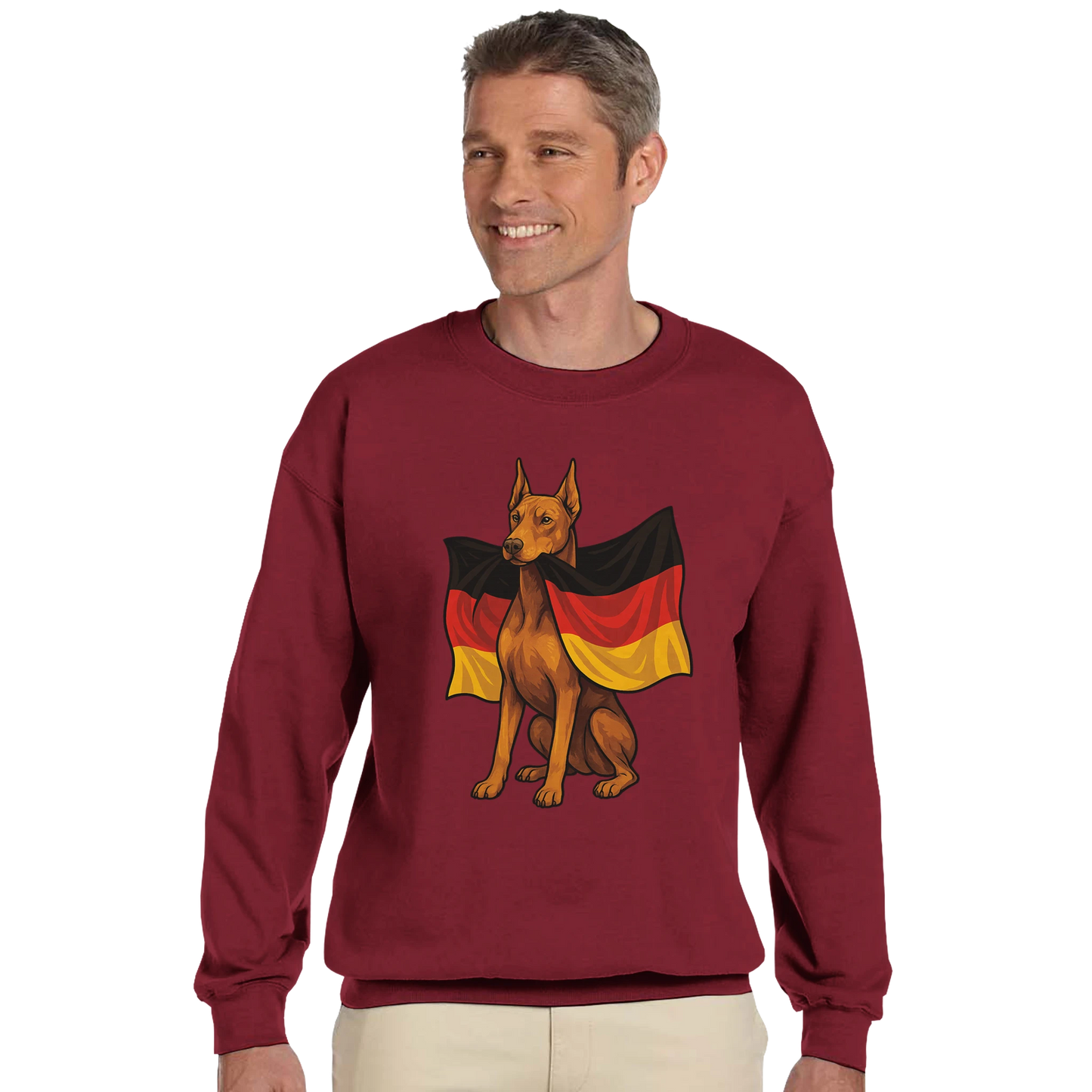 Sweat-shirt adulte unisexe classique ras du cou rouge Dobermann+drapeau