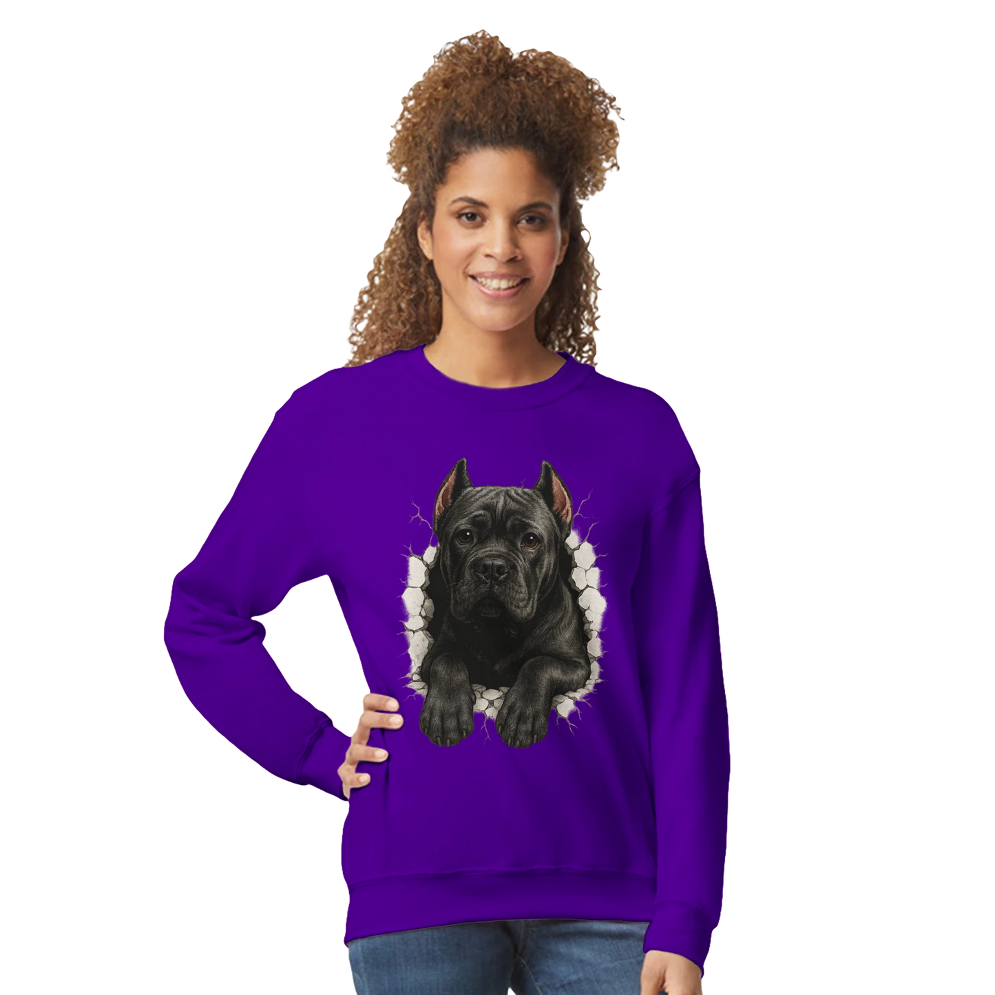 Sweat-shirt adulte unisexe classique ras du cou violet Cane Corso trou mur