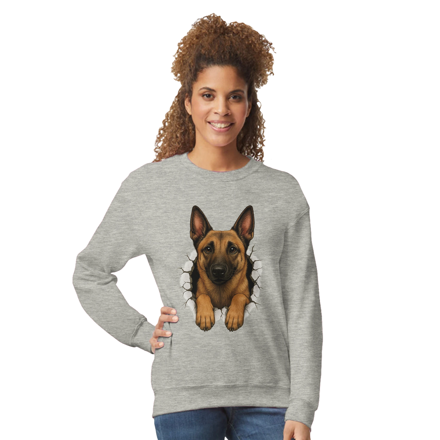 Sweat-shirt adulte unisexe classique ras du cou gris Malinois trou mur