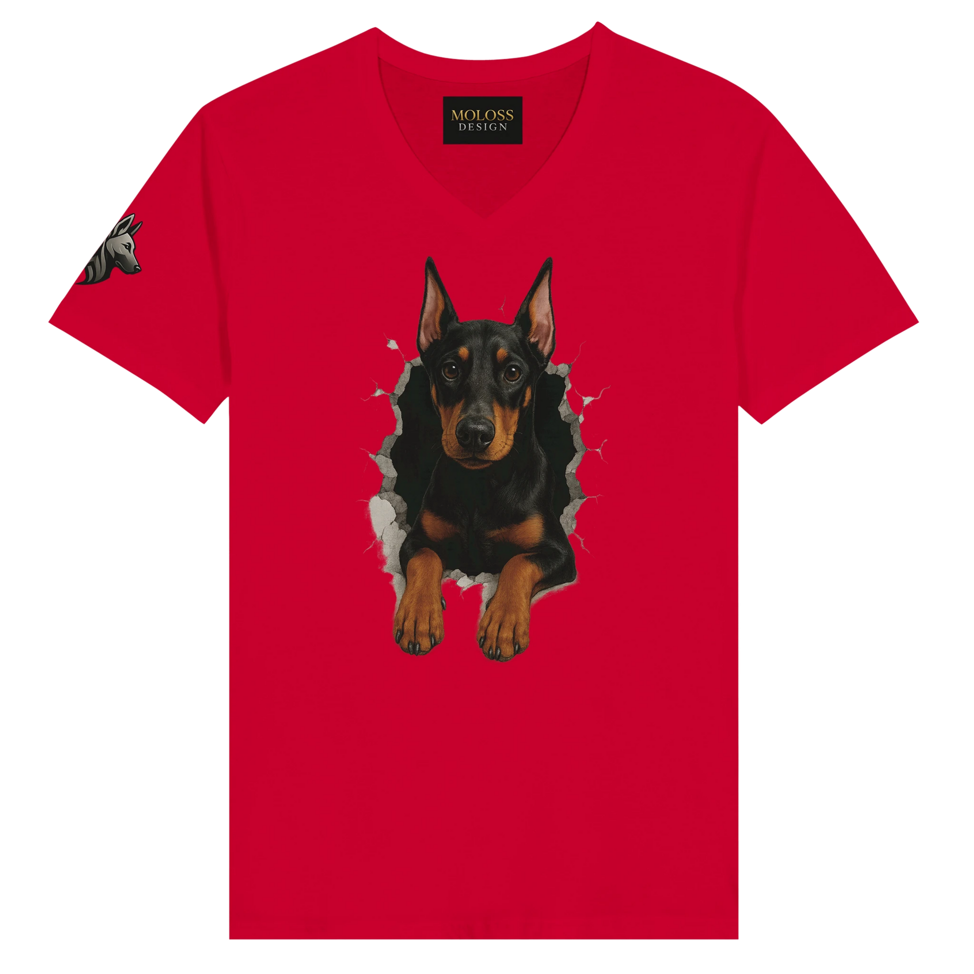 T-shirt adulte unisexe premium col en V rouge-Dobermann trou mur