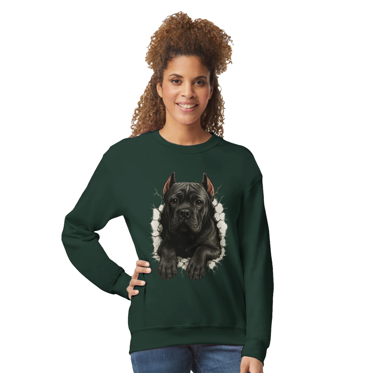 Sweat-shirt adulte unisexe classique ras du cou vert Cane Corso trou mur