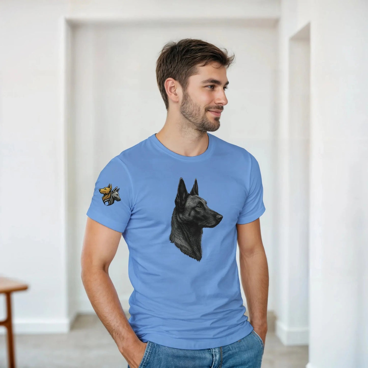 T-shirt adulte unisexe épais ras du cou bleu tête profil Malinois argentée
