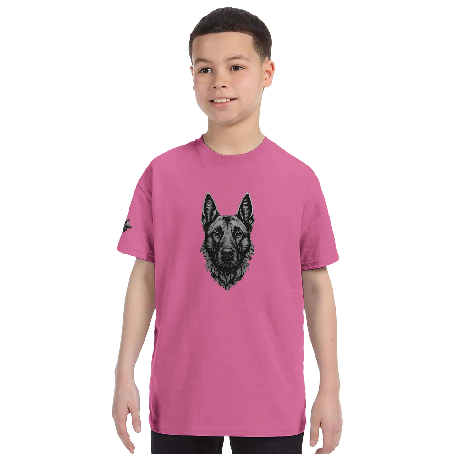 T-shirt enfant classique ras du cou tête Malinois argentée avec logo sur la manche droite MolossDesign