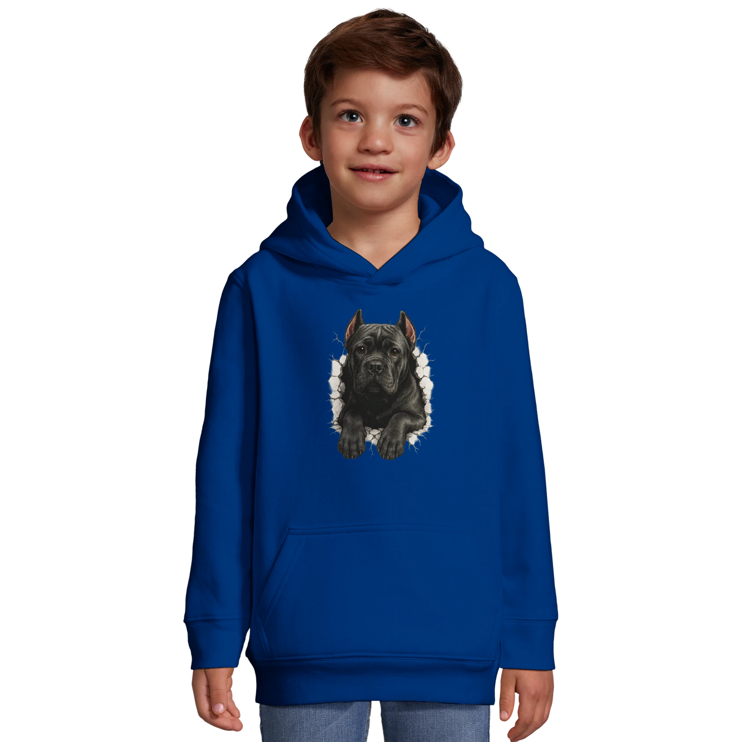 Sweat-shirt à capuche enfant bleu Cane Corso trou mur