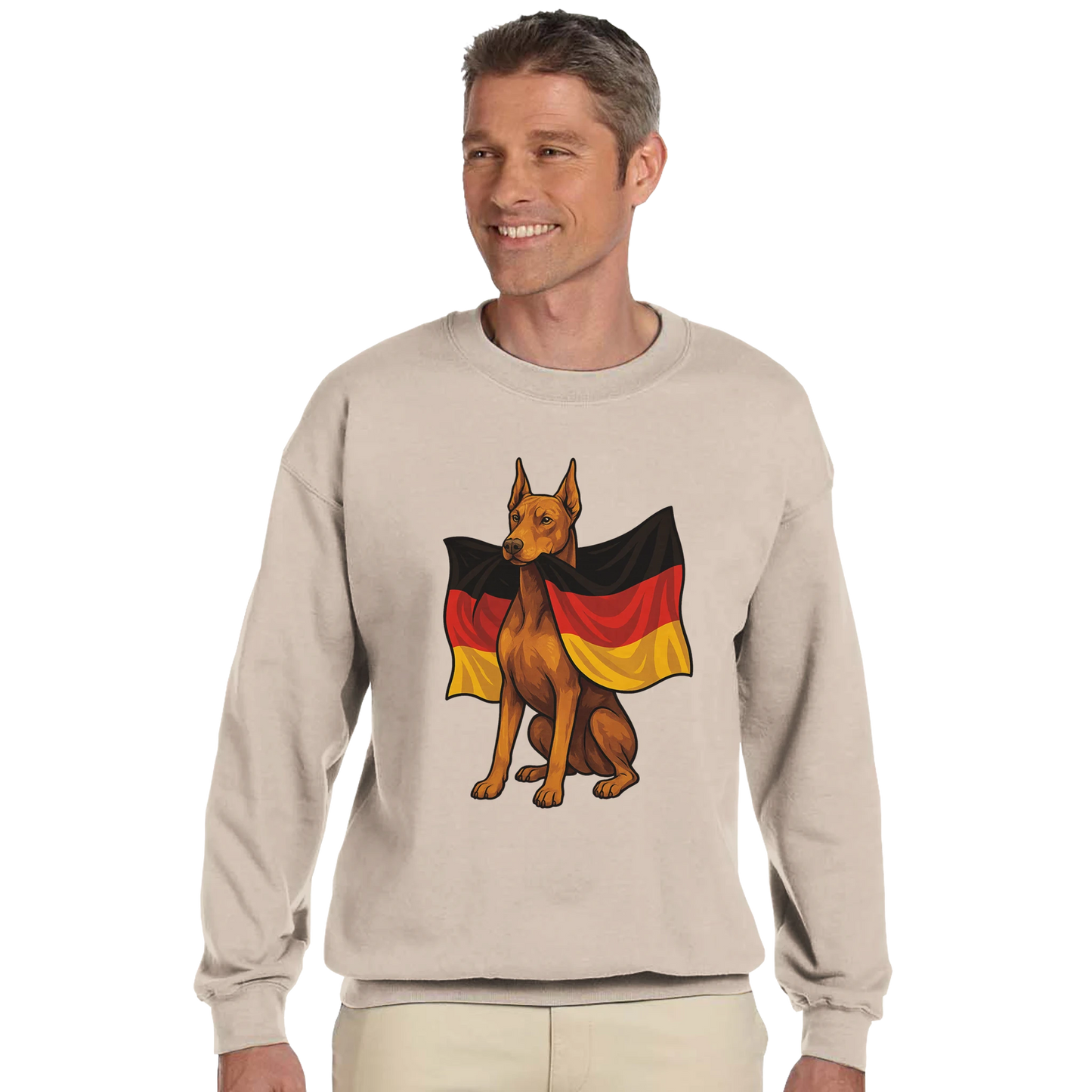 Sweat-shirt adulte unisexe classique ras du cou beige Dobermann+drapeau
