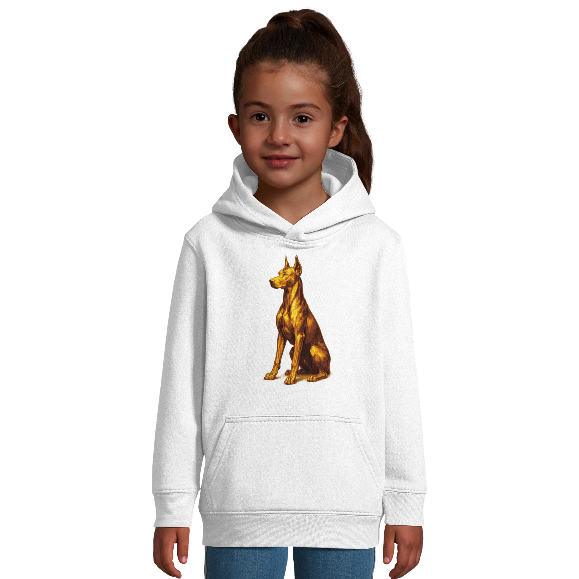 Sweat-shirt à capuche enfant blanc Dobermann doré