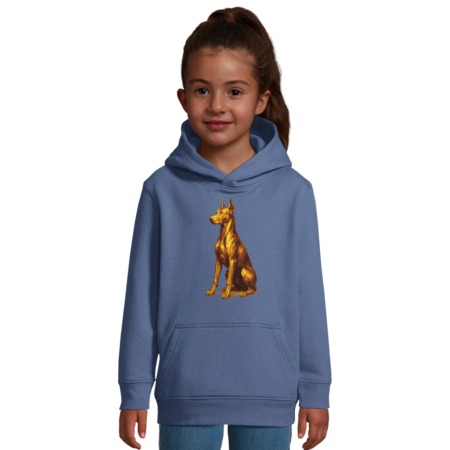 Sweat-shirt à capuche enfant bleu clair Dobermann doré assis