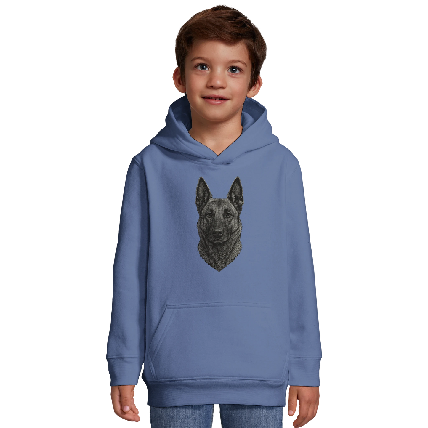 Sweat-shirt à capuche enfant bleu clair tête Malinois argentée