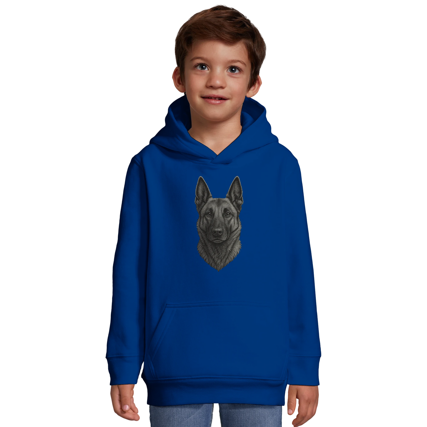 Sweat-shirt à capuche enfant bleu royal tête Malinois argentée