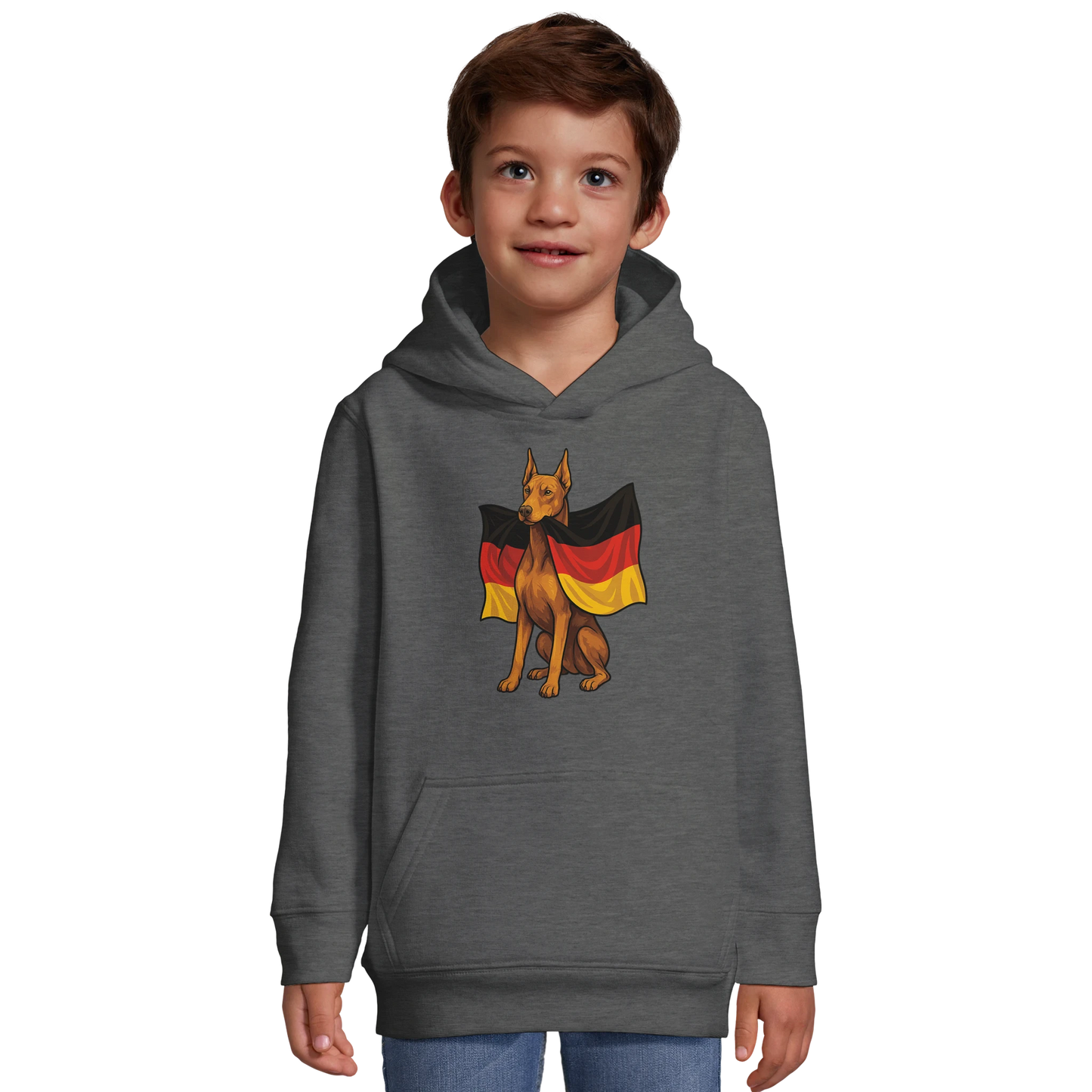 Sweat-shirt à capuche enfant gris Dobermann avec drapeau allemand