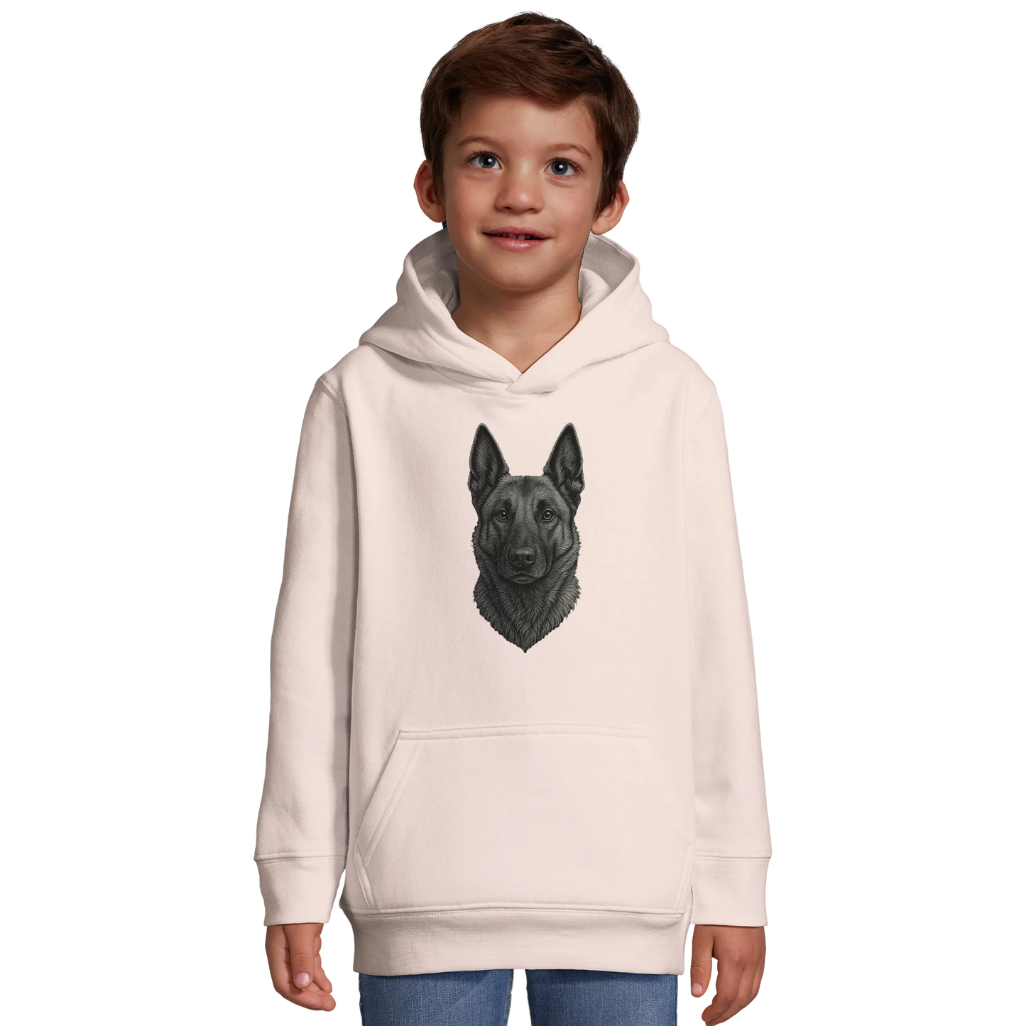 Sweat-shirt à capuche enfant rose clair tête Malinois argentée