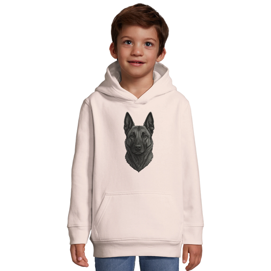 Sweat-shirt à capuche enfant rose clair tête Malinois argentée