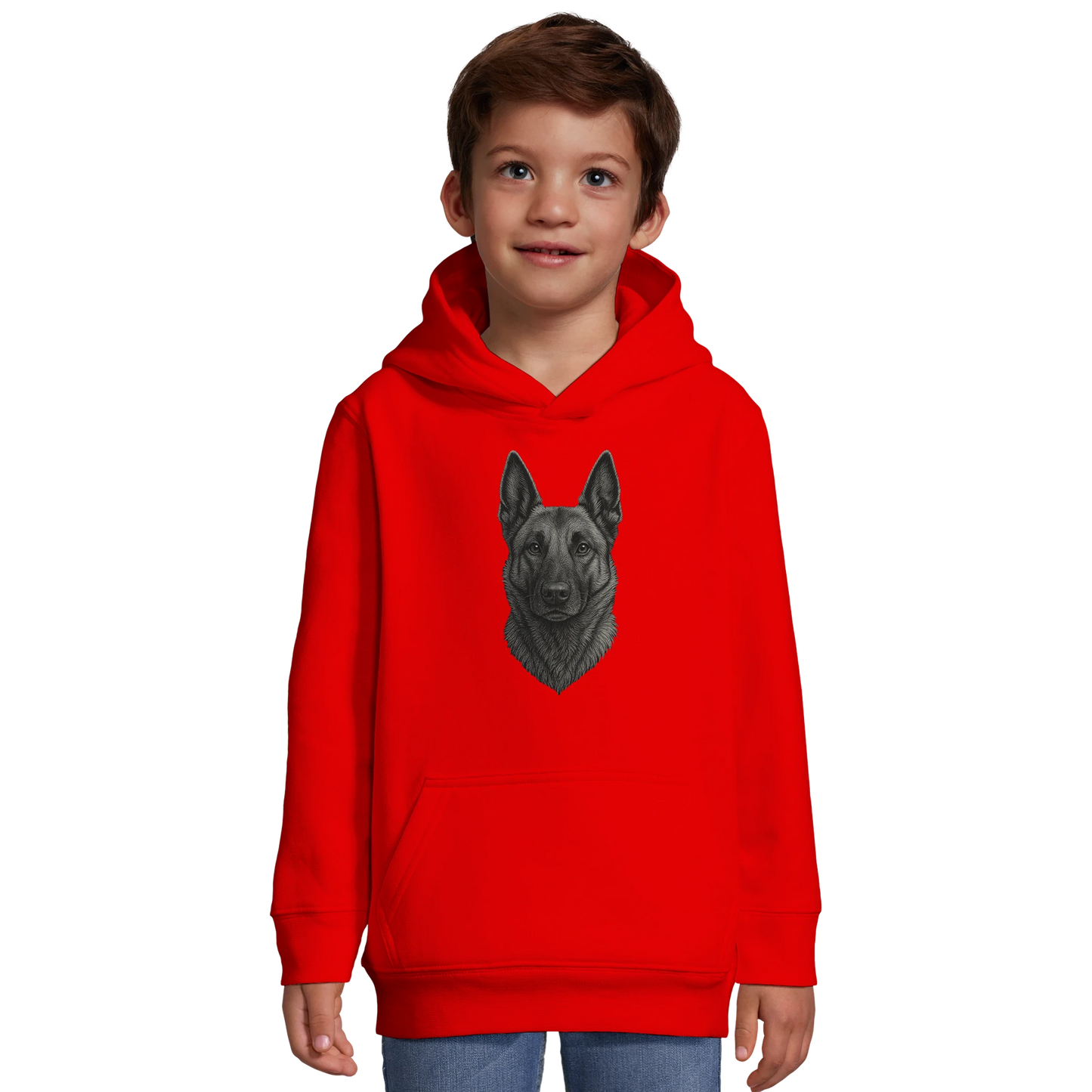 Sweat-shirt à capuche enfant rouge tête Malinois argentée