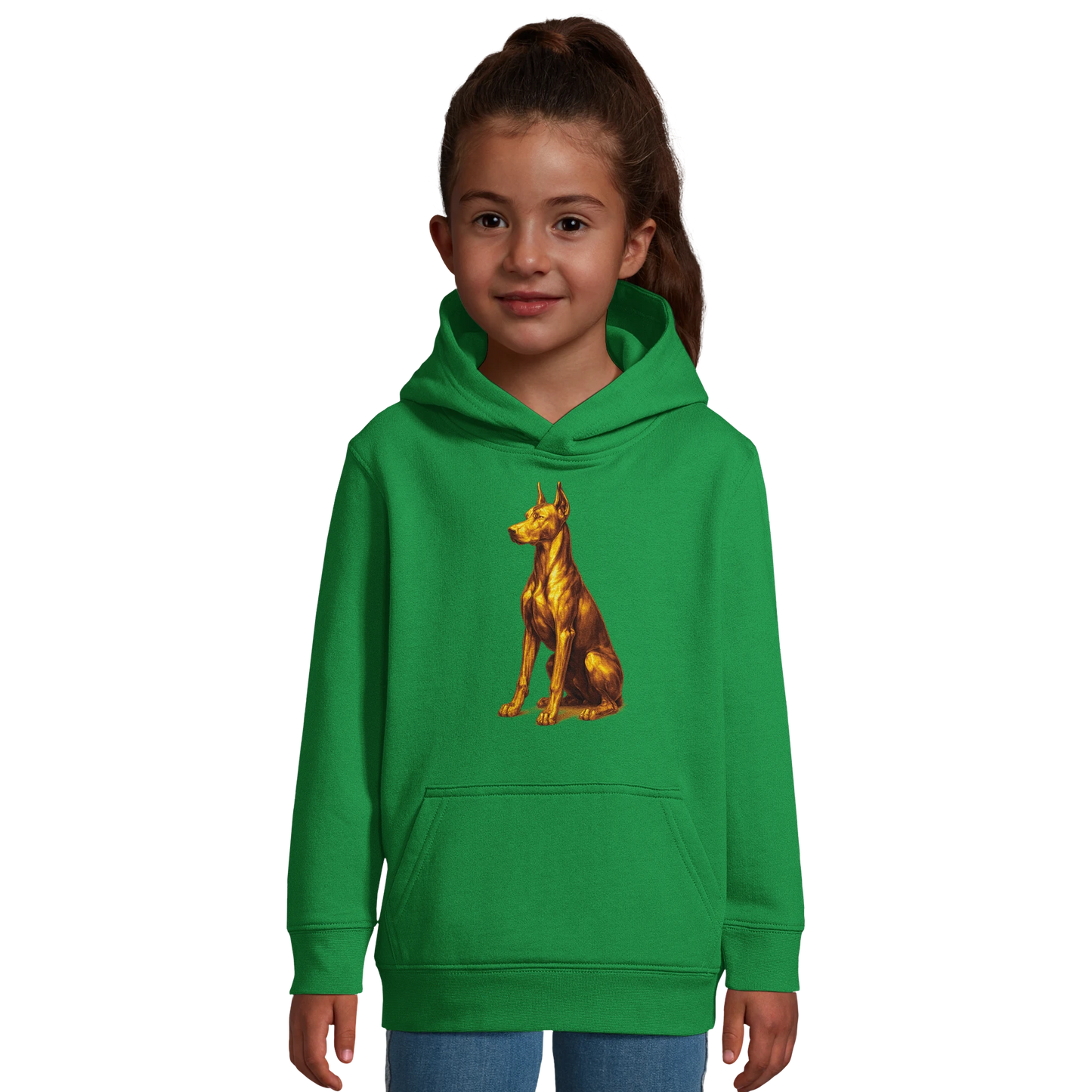 Sweat-shirt à capuche enfant vert Dobermann doré