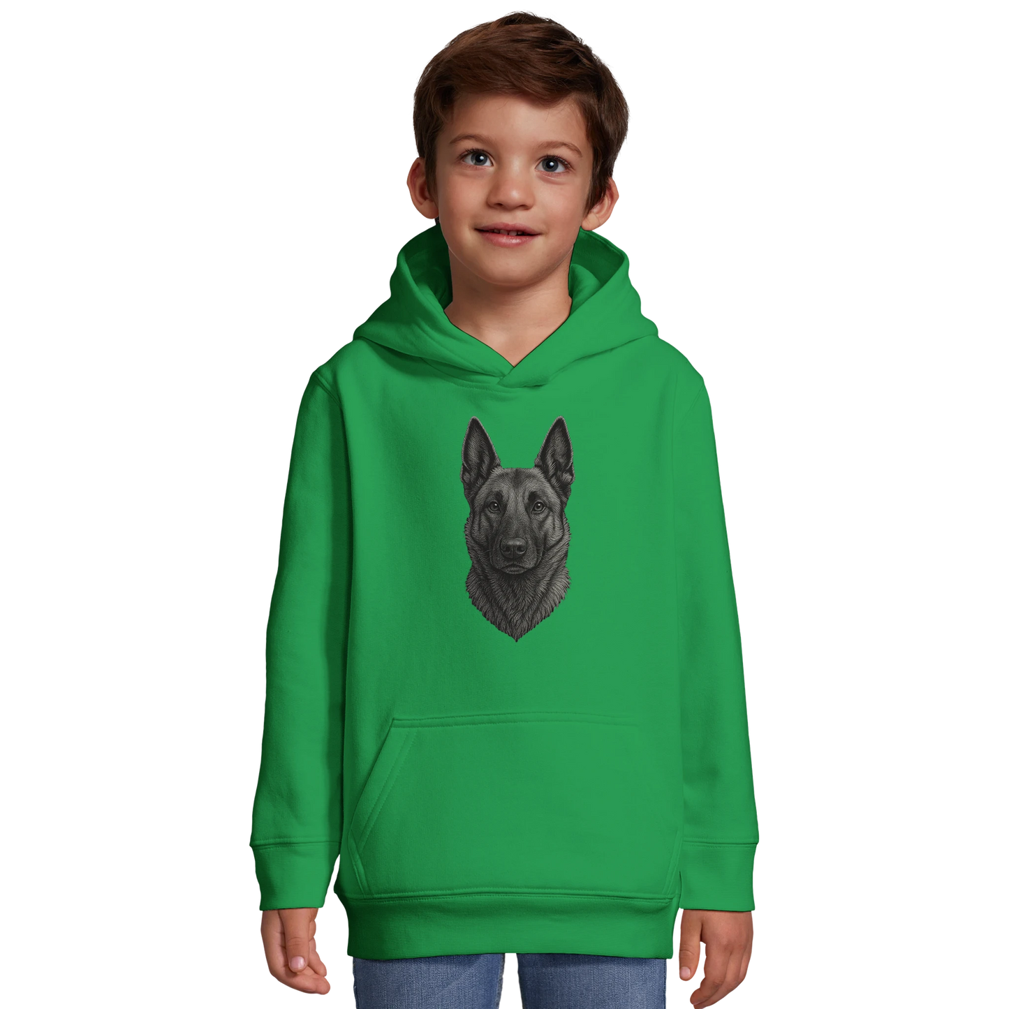 Sweat-shirt à capuche enfant vert tête Malinois argentée
