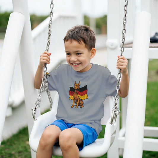 Marque MolossDesign | T-shirt enfant col rond Dobermann avec drapeau allemand2 et logo sur manche droite MolossDesign