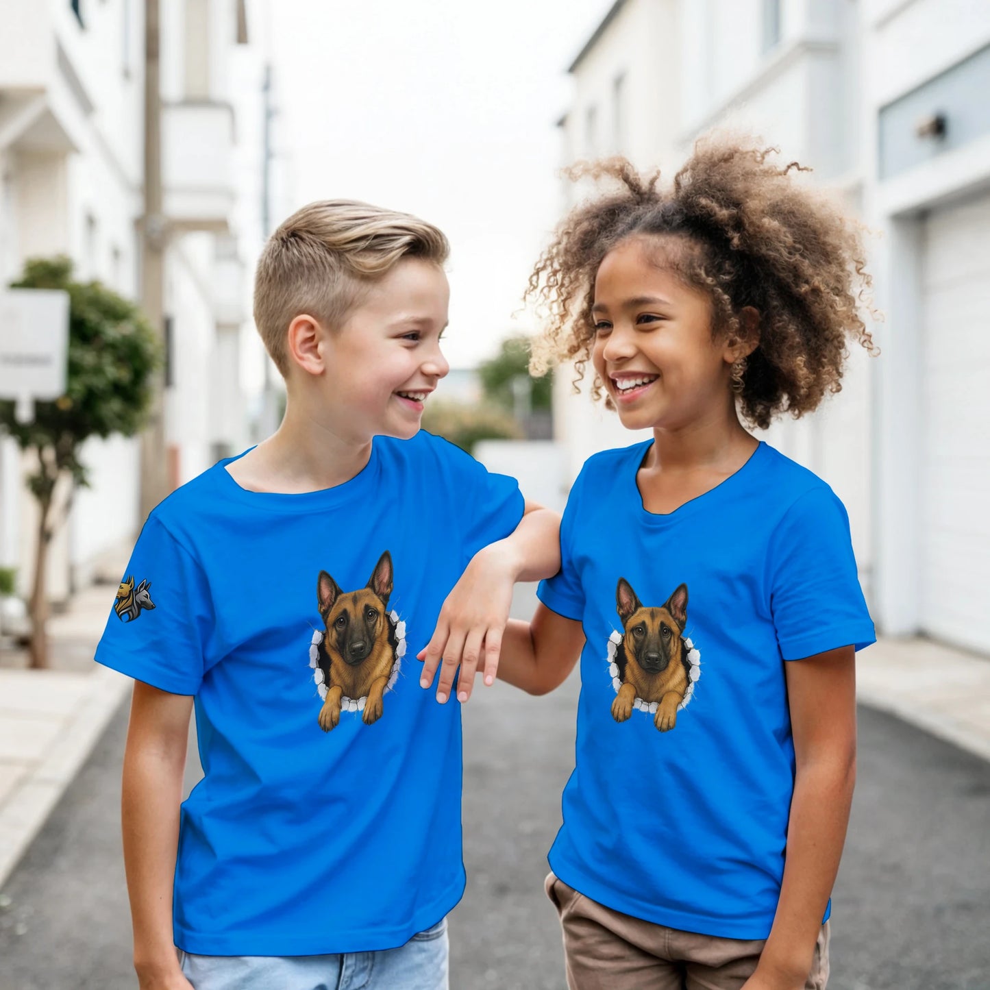 T-shirt enfant classique bleu Malinois trou mur
