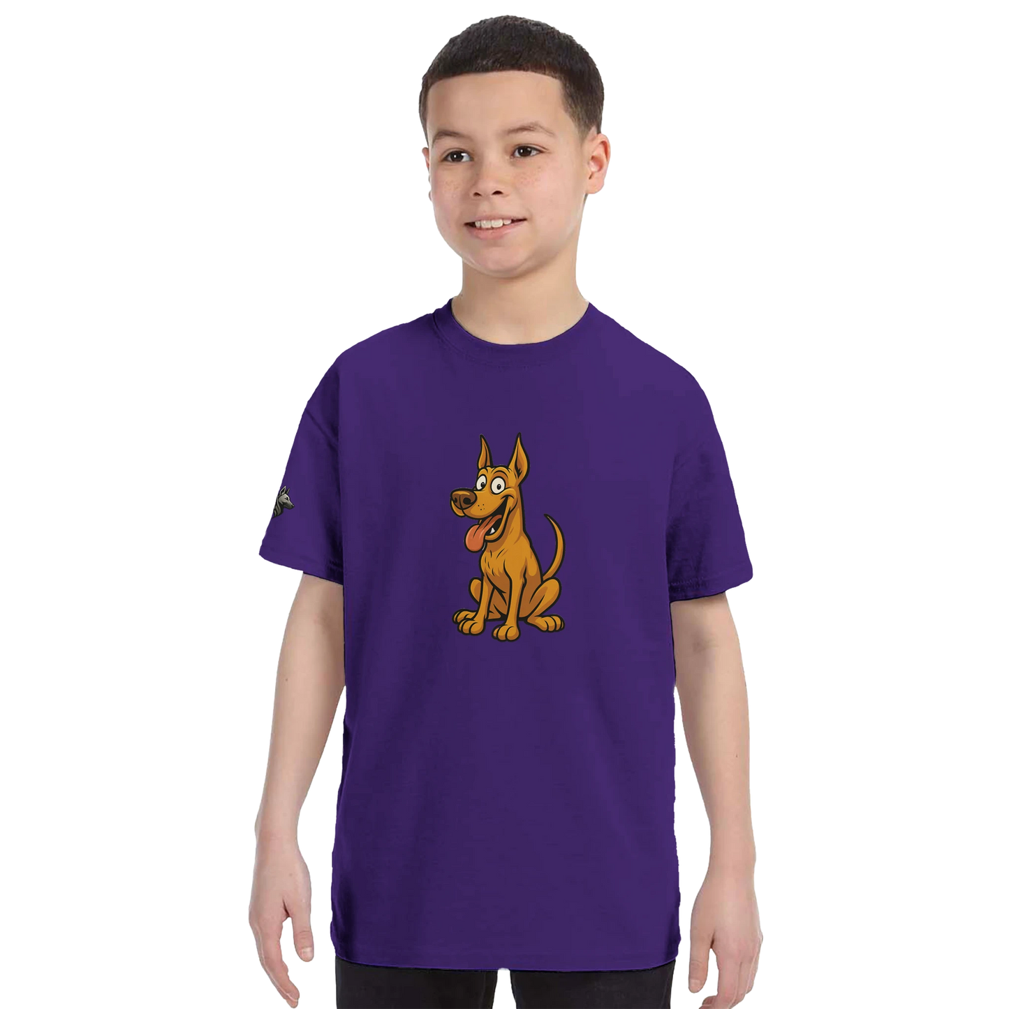 T-shirt enfant classique ras du cou Dobermann humour2 avec logo sur manche droite MolossDesign