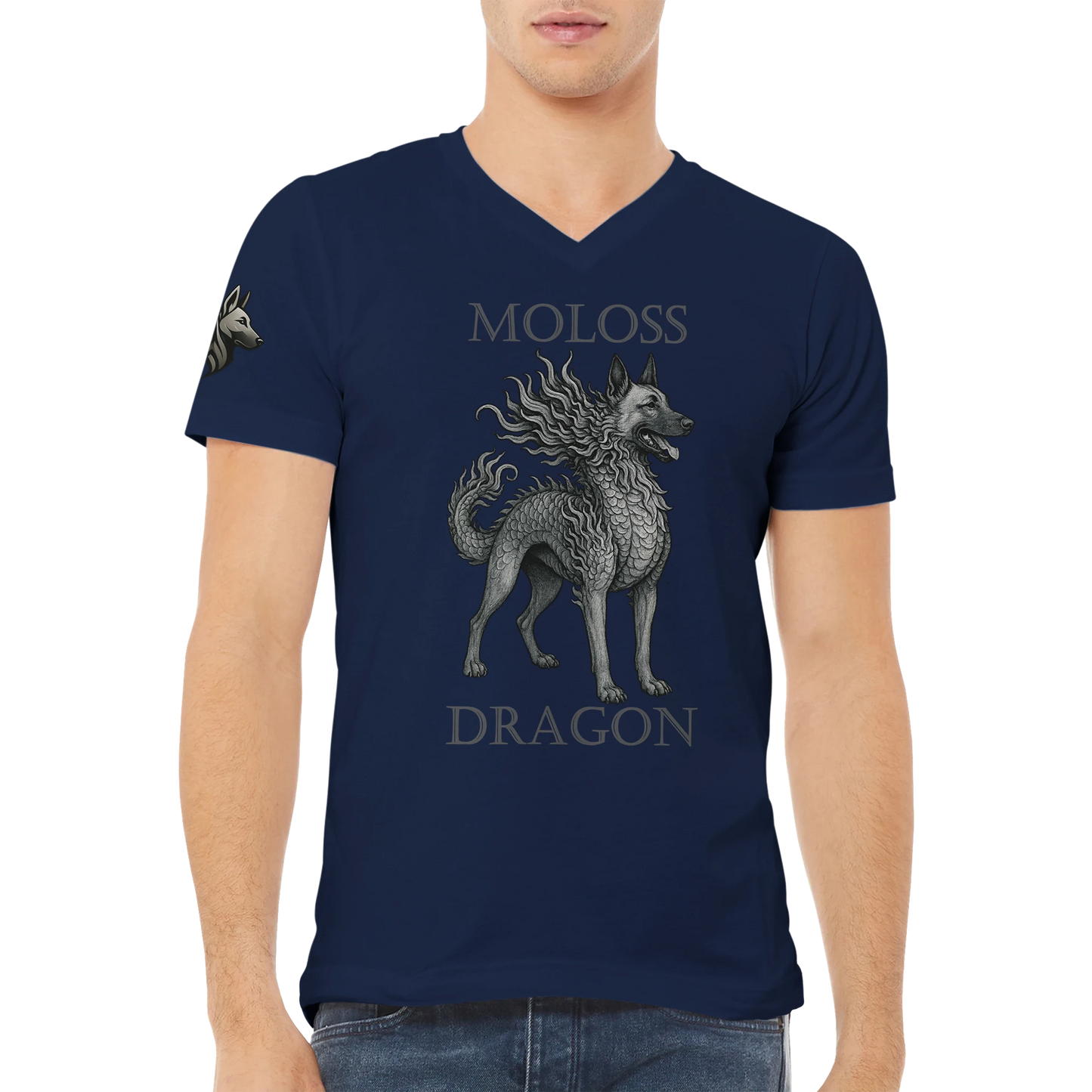 T-shirt adulte unisexe premium col en V bleu Moloss Dragon Malinois