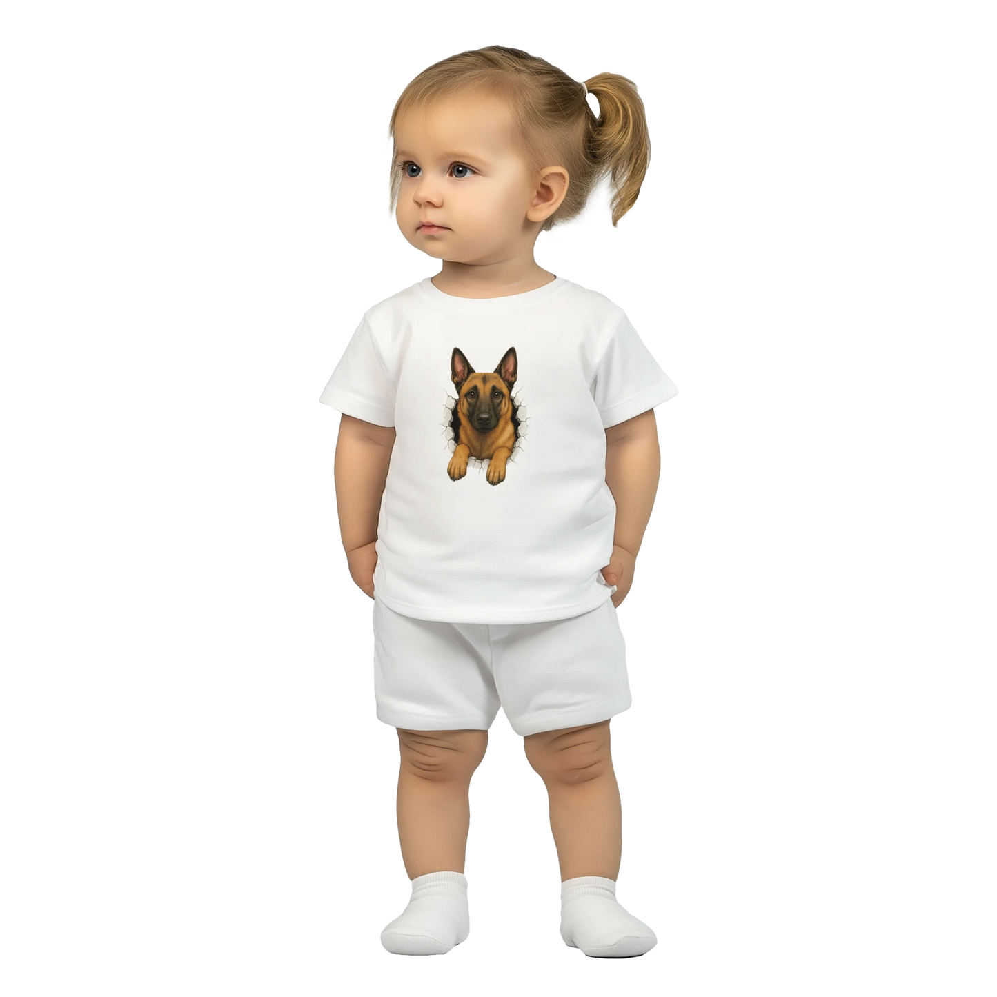 T-shirt-bébé classique blanc Malinois trou mur