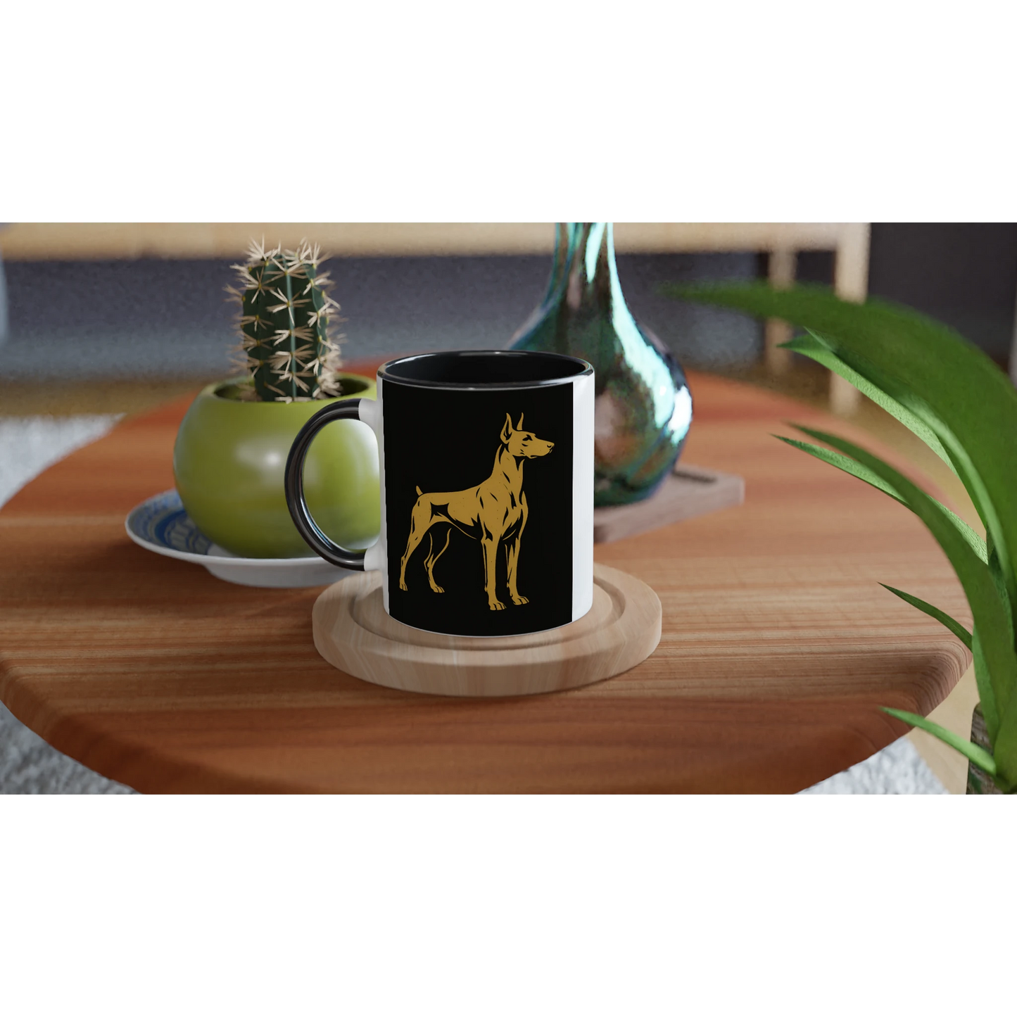 Mug céramique blanche 325 ml (11 oz) intérieur coloré-Dobermann doré fond noir
