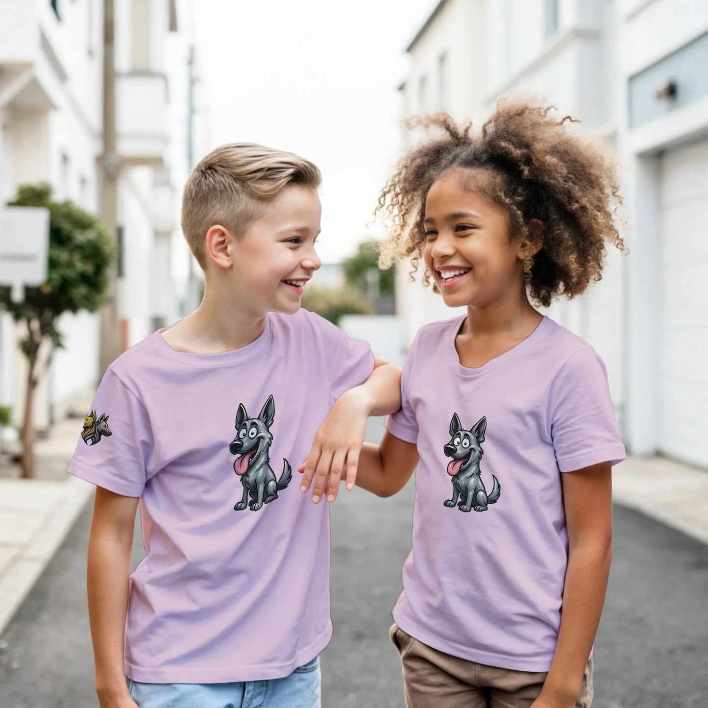 Marque MolossDesign | T-shirt enfant classique ras du cou Malinois humour1 avec logo sur manche droite MolossDesign