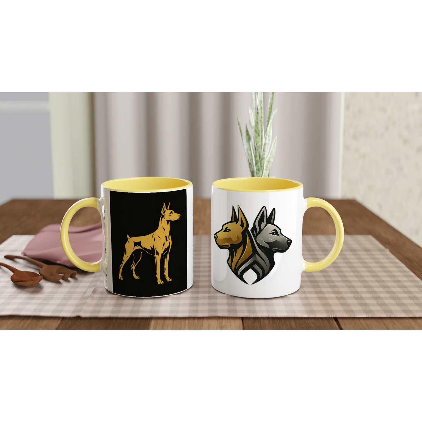 Mug céramique blanche 325 ml (11 oz) intérieur coloré jaune-Dobermann doré fond noir