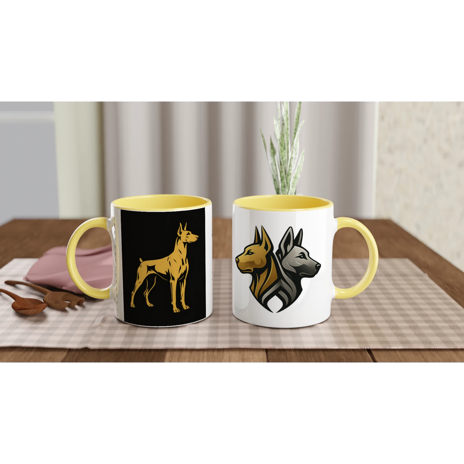 Mug céramique blanche 325 ml (11 oz) intérieur coloré jaune-Dobermann doré fond noir