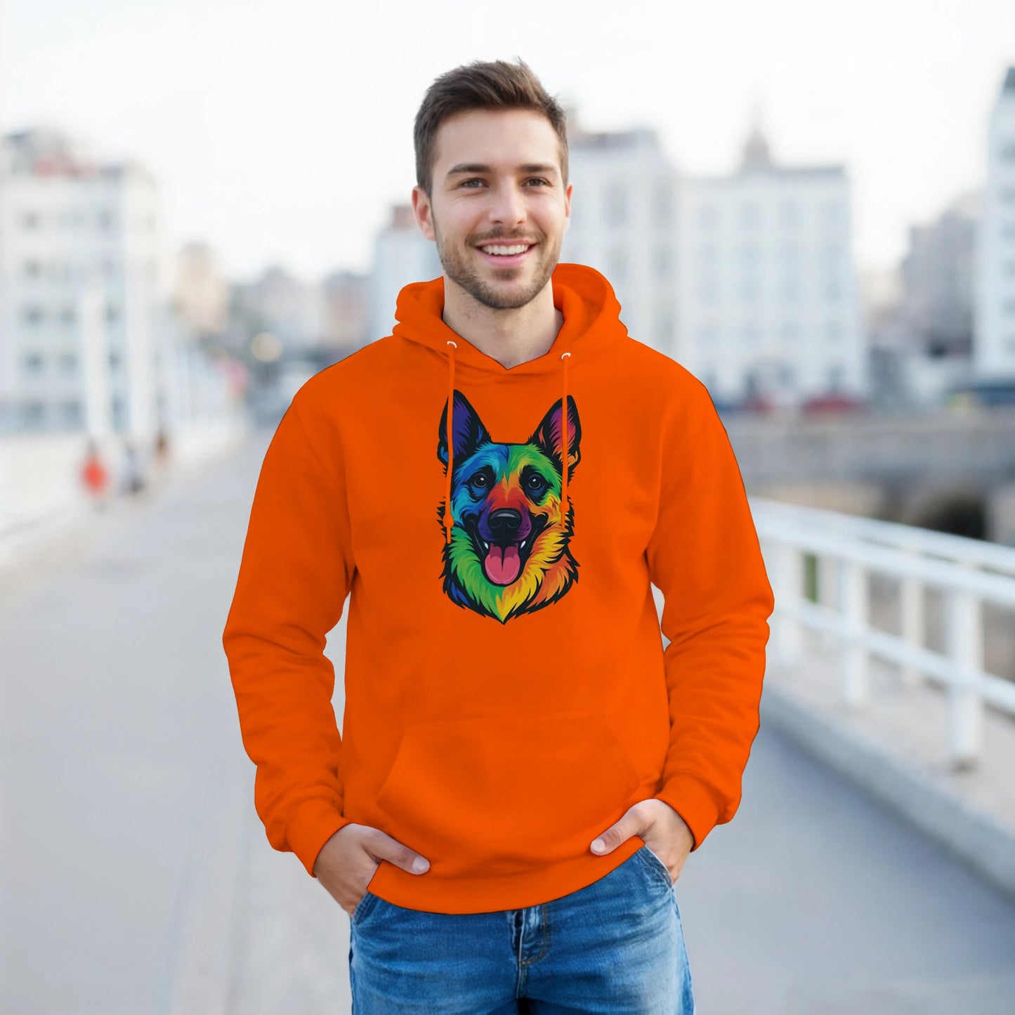 Sweat à capuche adulte unisexe classique orange tête Malinois arc en ciel