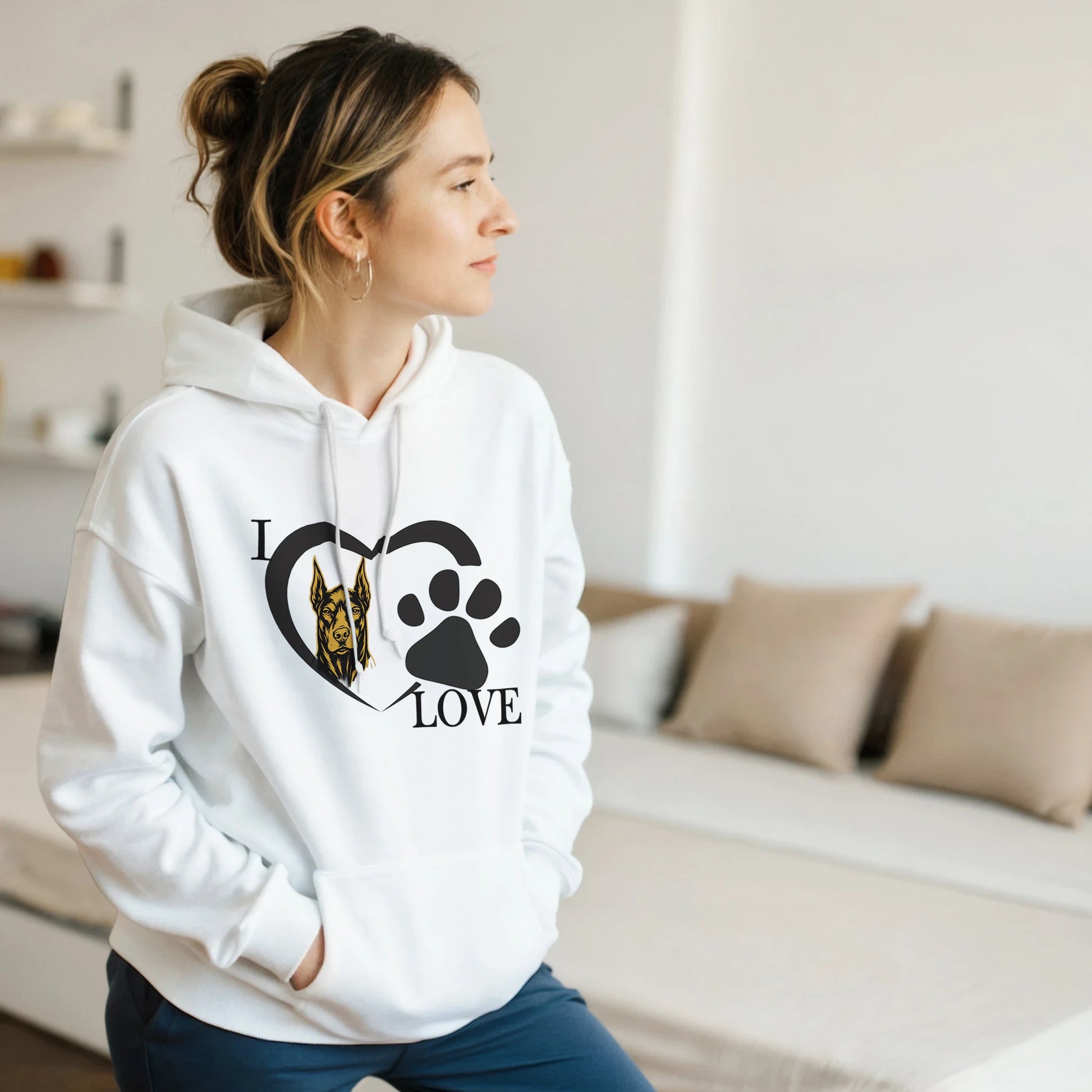 Sweat à capuche adulte unisexe classique blanc I love Dobermann