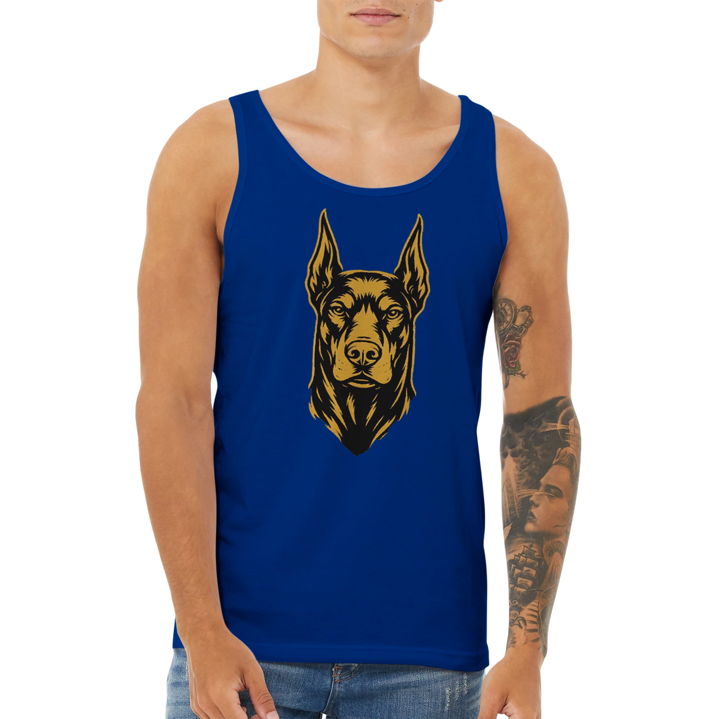 Débardeur adulte unisexe premium bleu tête Dobermann noir doré