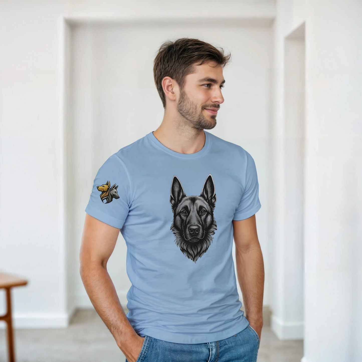 T-shirt adulte unisexe épais ras du cou bleu tête Malinois argentée
