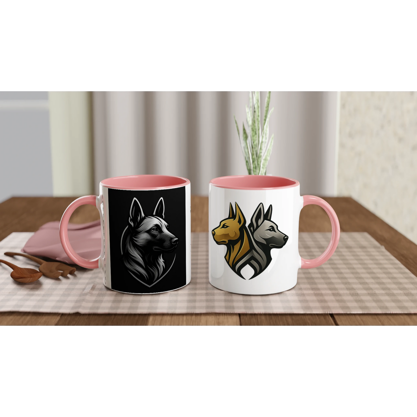 Mug céramique blanche 325 ml (11 oz) intérieur coloré rose-tête Malinois fond noir