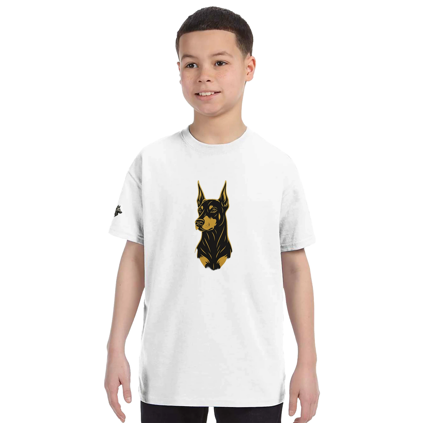 T-shirt enfant classique ras du cou tête Dobermann dorée et noire1 avec logo sur manche droite MolossDesign
